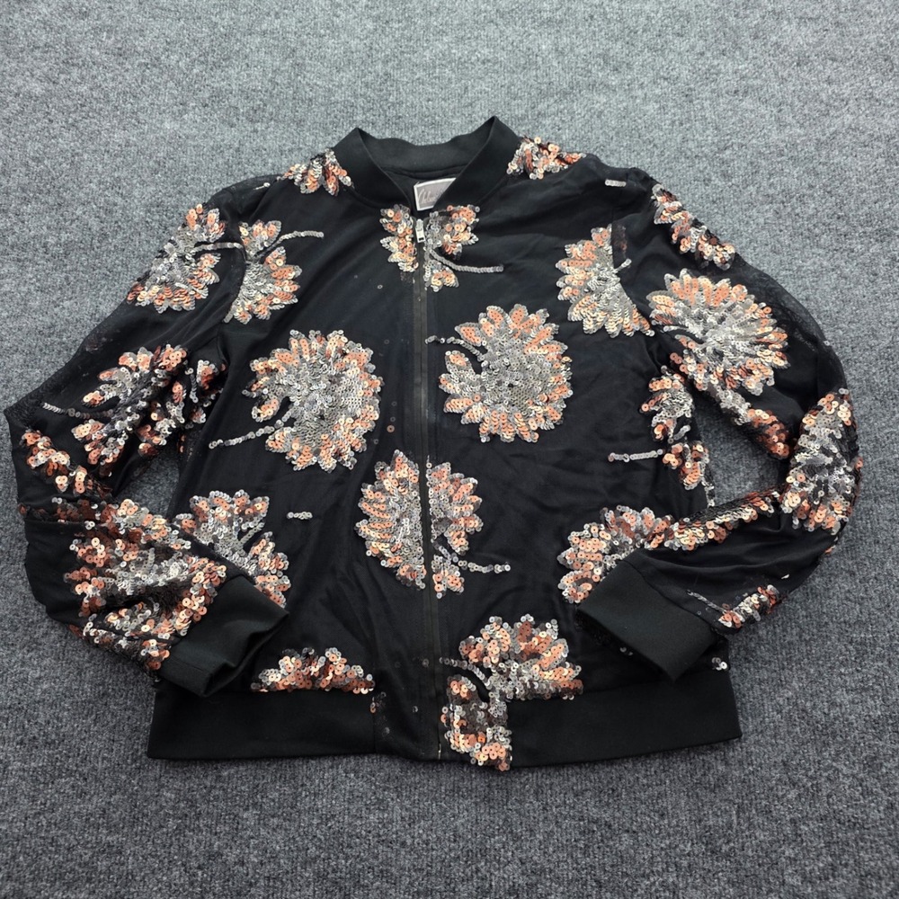 Chelsea28 Sequin Bomber Jacket Floral Mesh Full Zip Party Coat Medium Black Gold